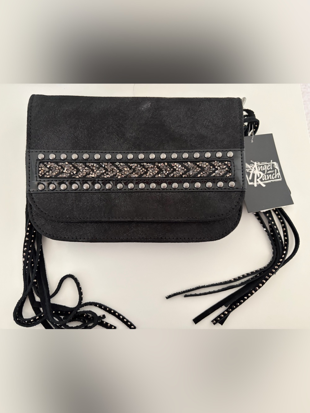 Angel Ranch Black Suede Crossbody with Studded & Braided Accent
